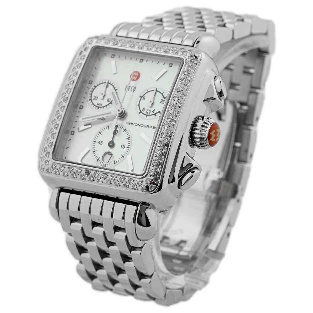 Michele Ladies Deco Day Stainless Steel 33mm MOP Stick Dial Watch w/ Diamonds Reference #: 71-6000