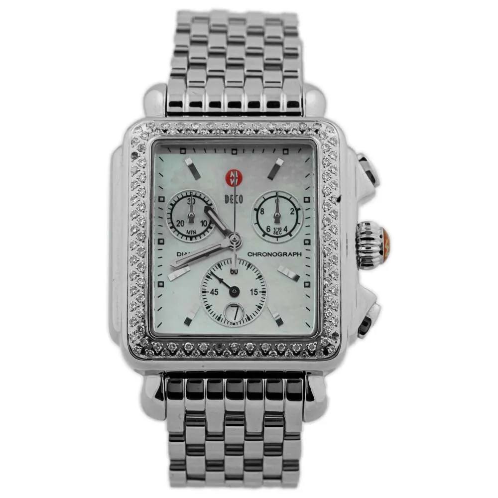 Michele Ladies Deco Day Stainless Steel 33mm MOP Stick Dial Watch w/ Diamonds Reference #: 71-6000