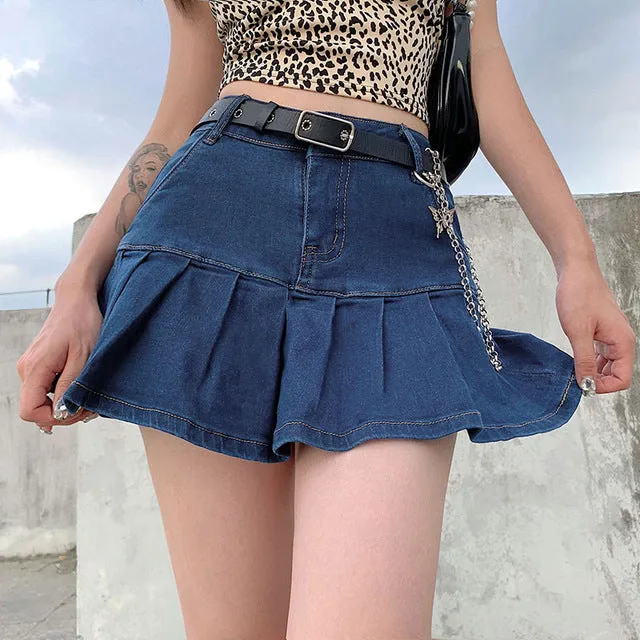 Mini Pleated Skirt Ladies Summer High Waist Jeans Shorts Skirts Women Ruffles