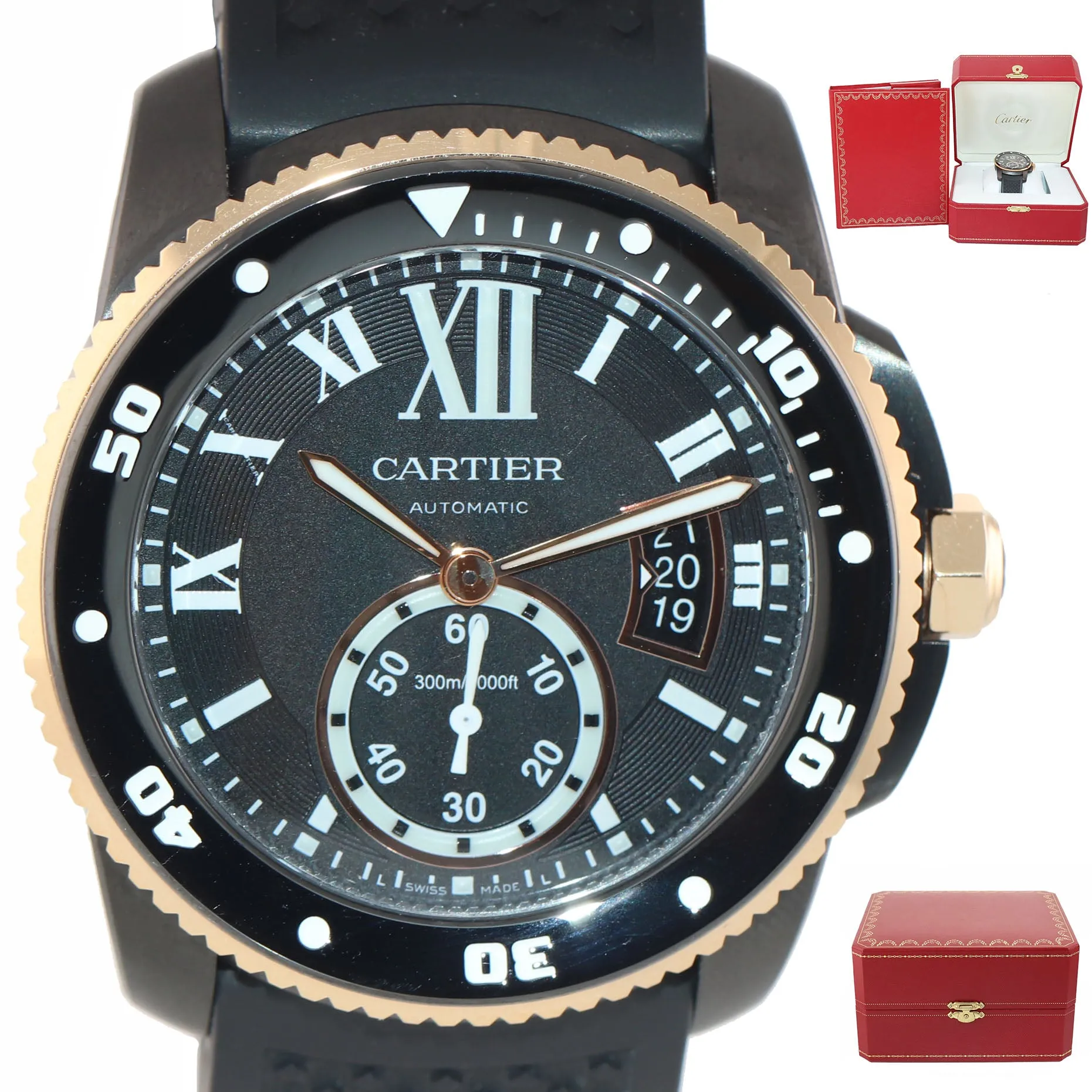 MINT Cartier Calibre Diver PVD Steel Rose Gold Black Rubber 42mm Dive Watch 3729