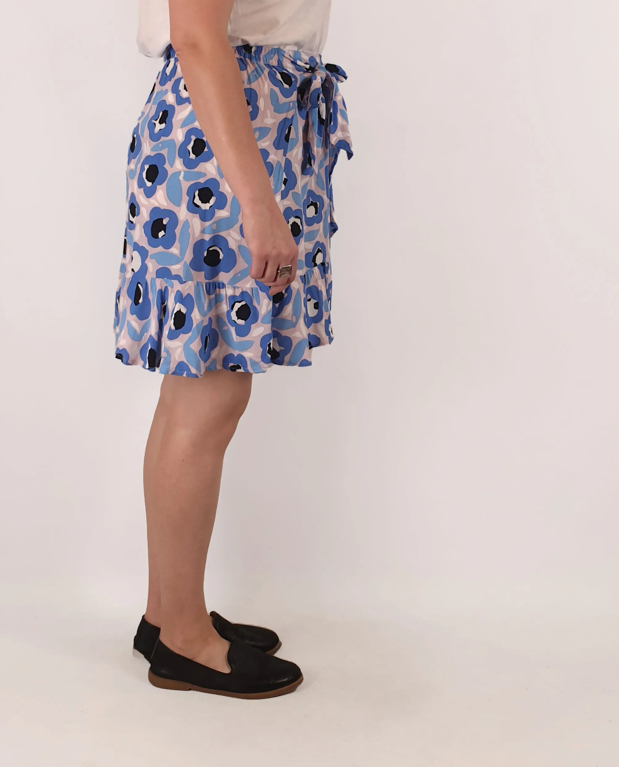 Mister Zimi blue print faux wrap skirt size 14