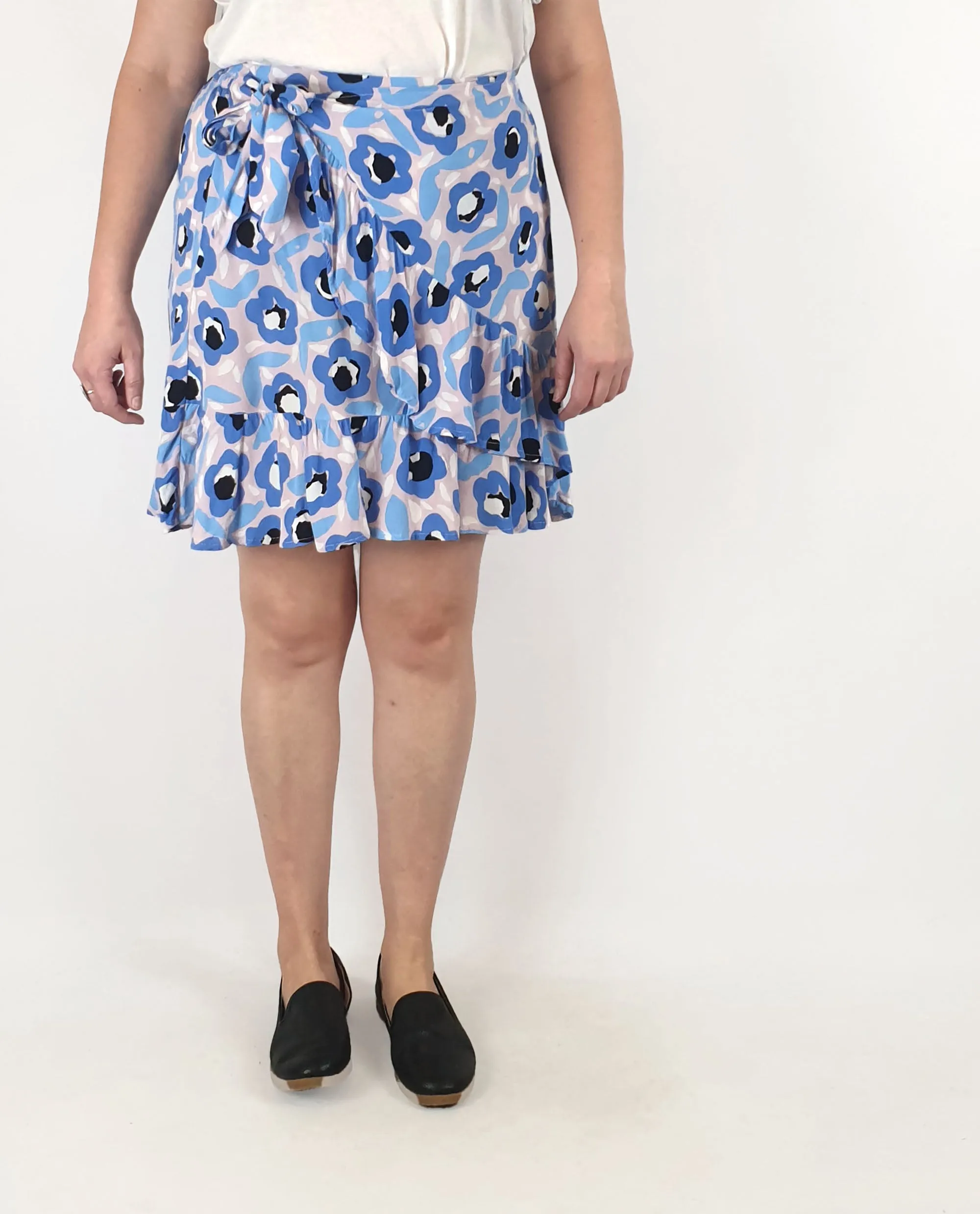 Mister Zimi blue print faux wrap skirt size 14