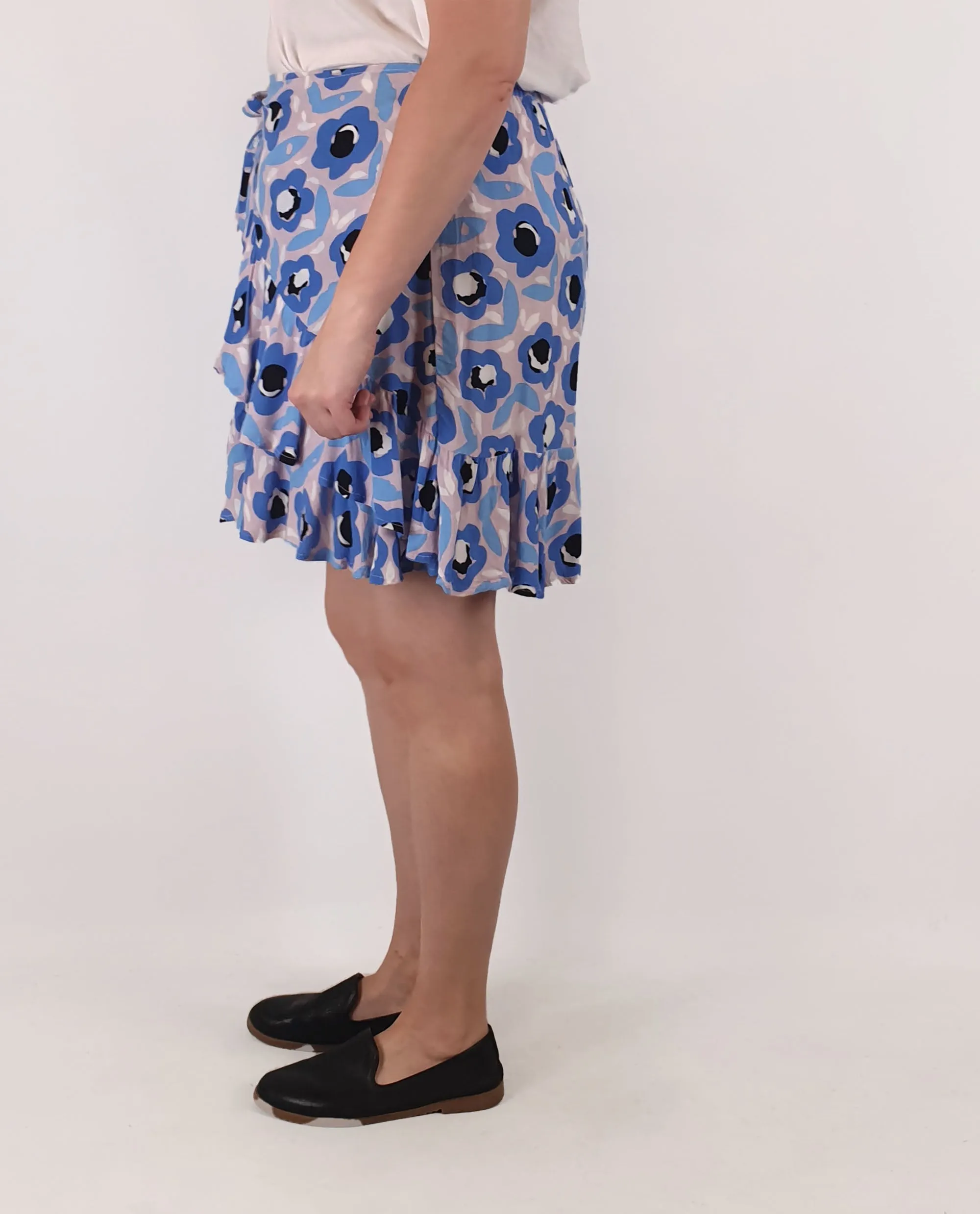 Mister Zimi blue print faux wrap skirt size 14