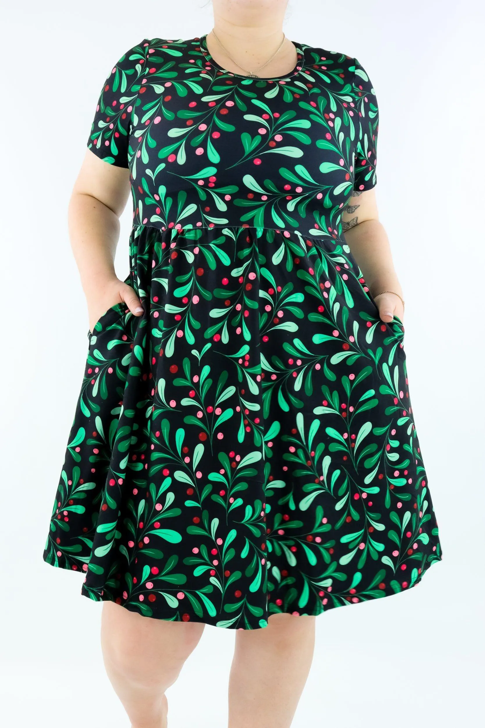 Mistletoe - Short Sleeve Skater Dress - Knee Length - Side Pockets