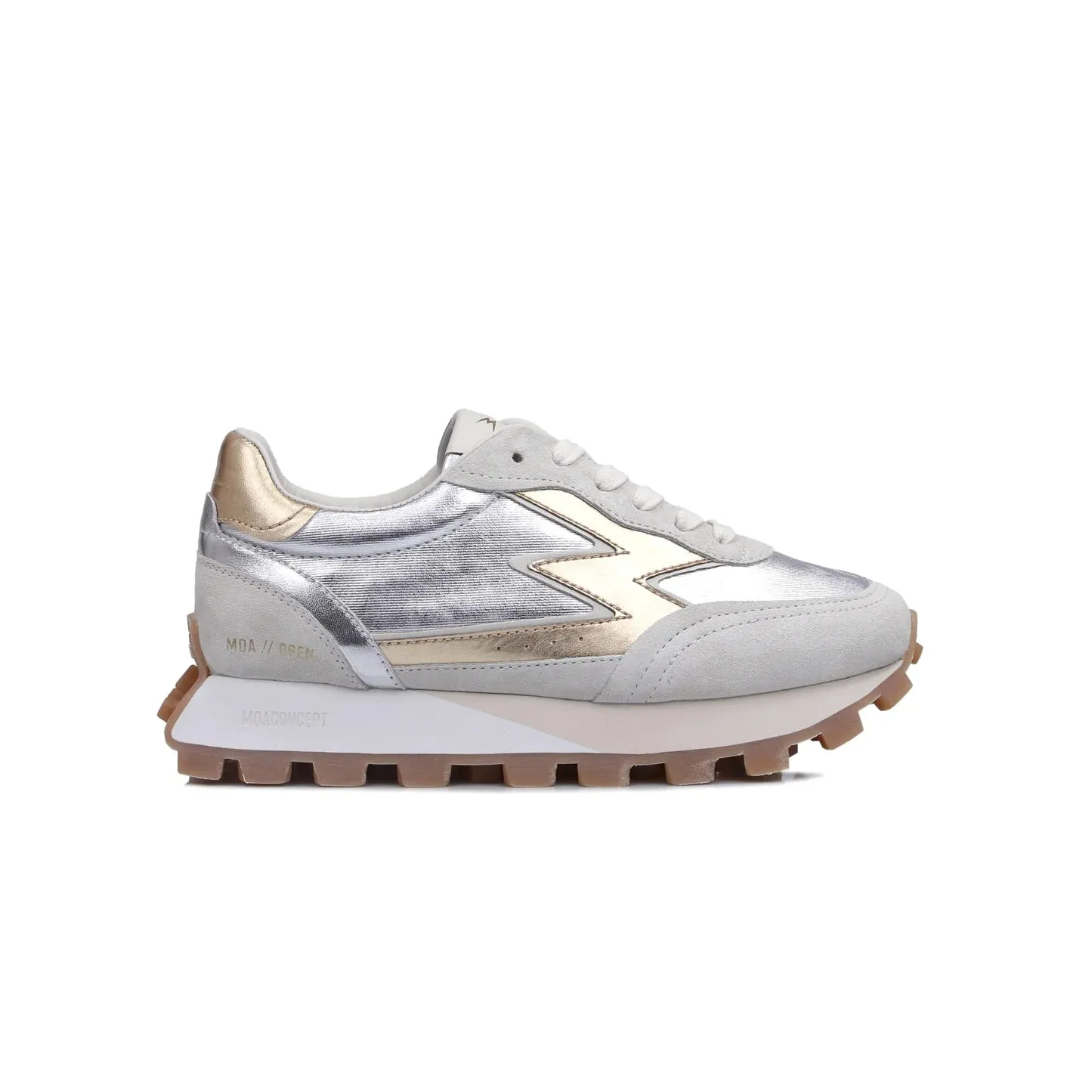 Moa Concept Sneakers running open i beige med sølv og gull detaljer