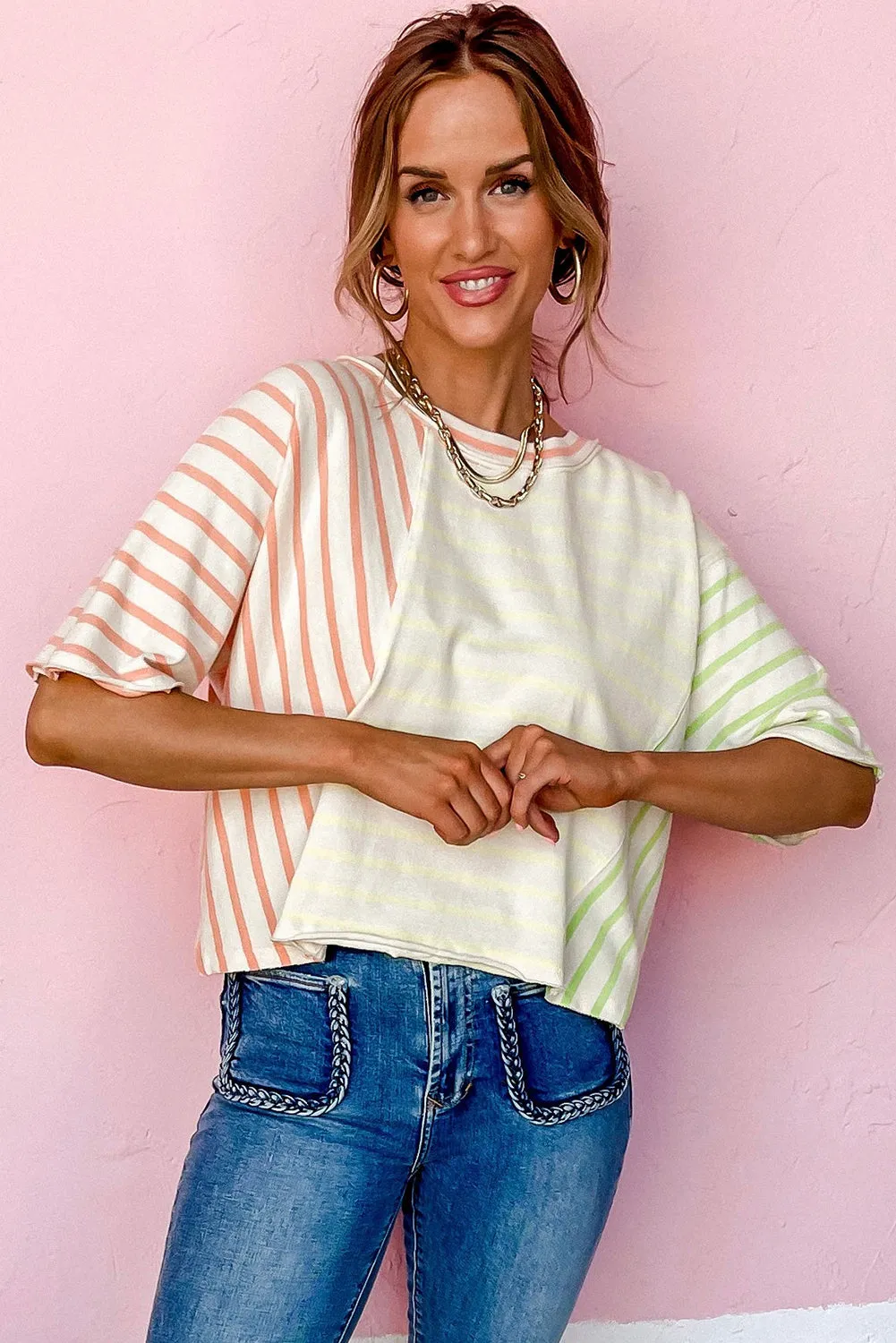 Multicolour Striped Patchwork Relaxed T Shirt