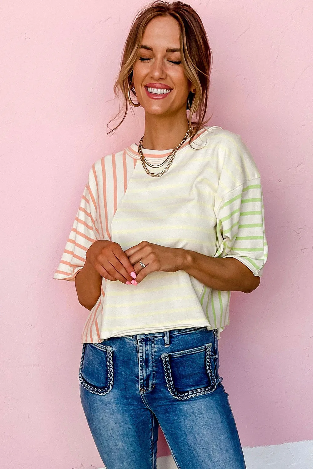 Multicolour Striped Patchwork Relaxed T Shirt