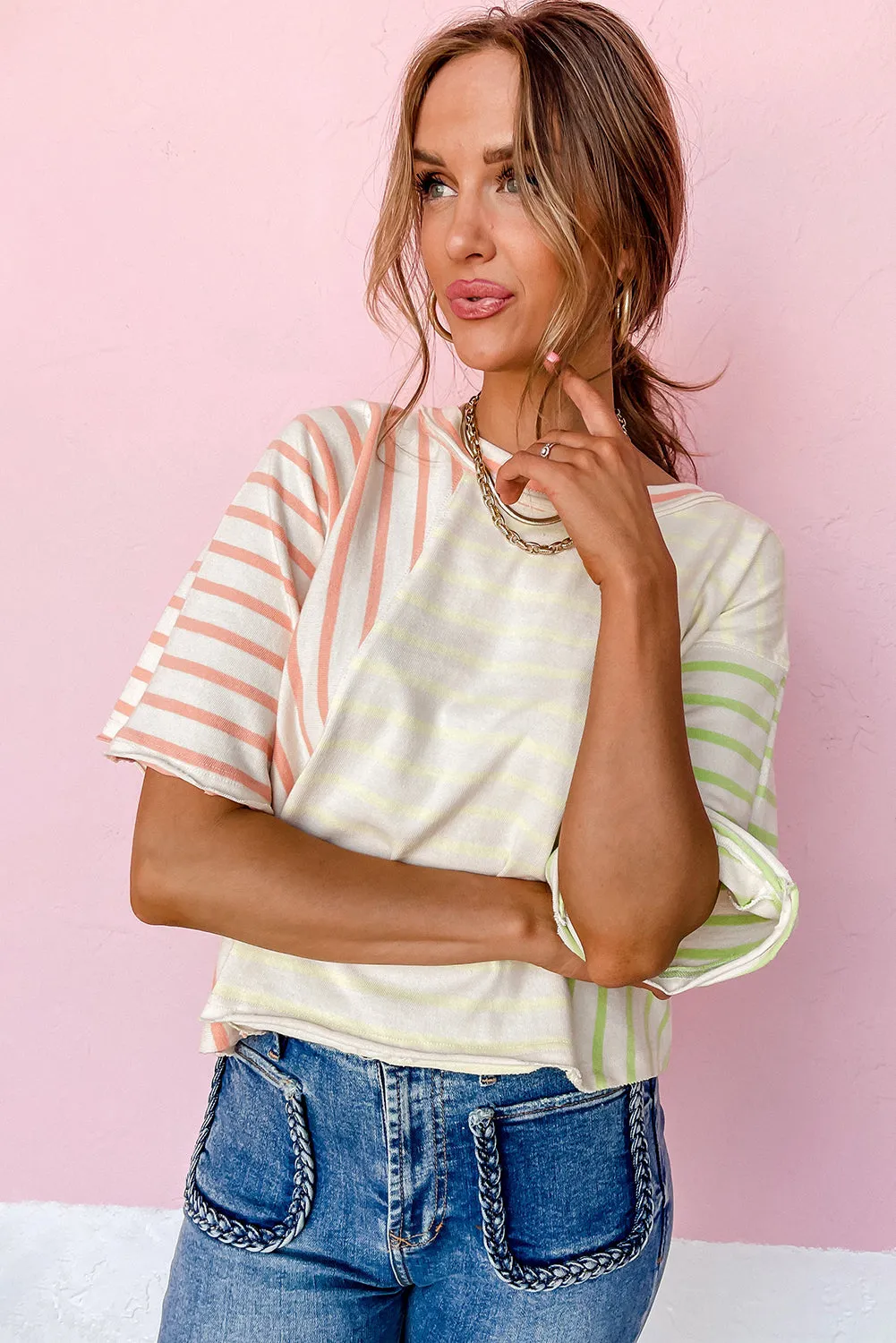 Multicolour Striped Patchwork Relaxed T Shirt