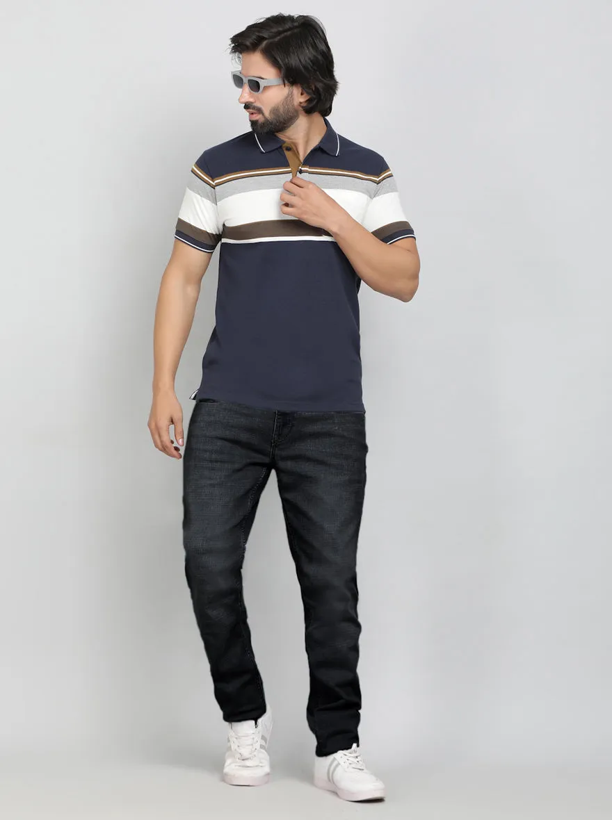 Navy Blue Striped Regular Fit Polo T-Shirt | Greenfibre