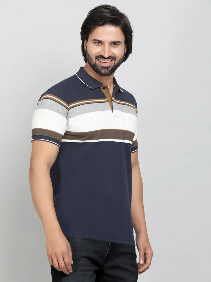 Navy Blue Striped Regular Fit Polo T-Shirt | Greenfibre
