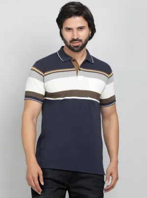 Navy Blue Striped Regular Fit Polo T-Shirt | Greenfibre