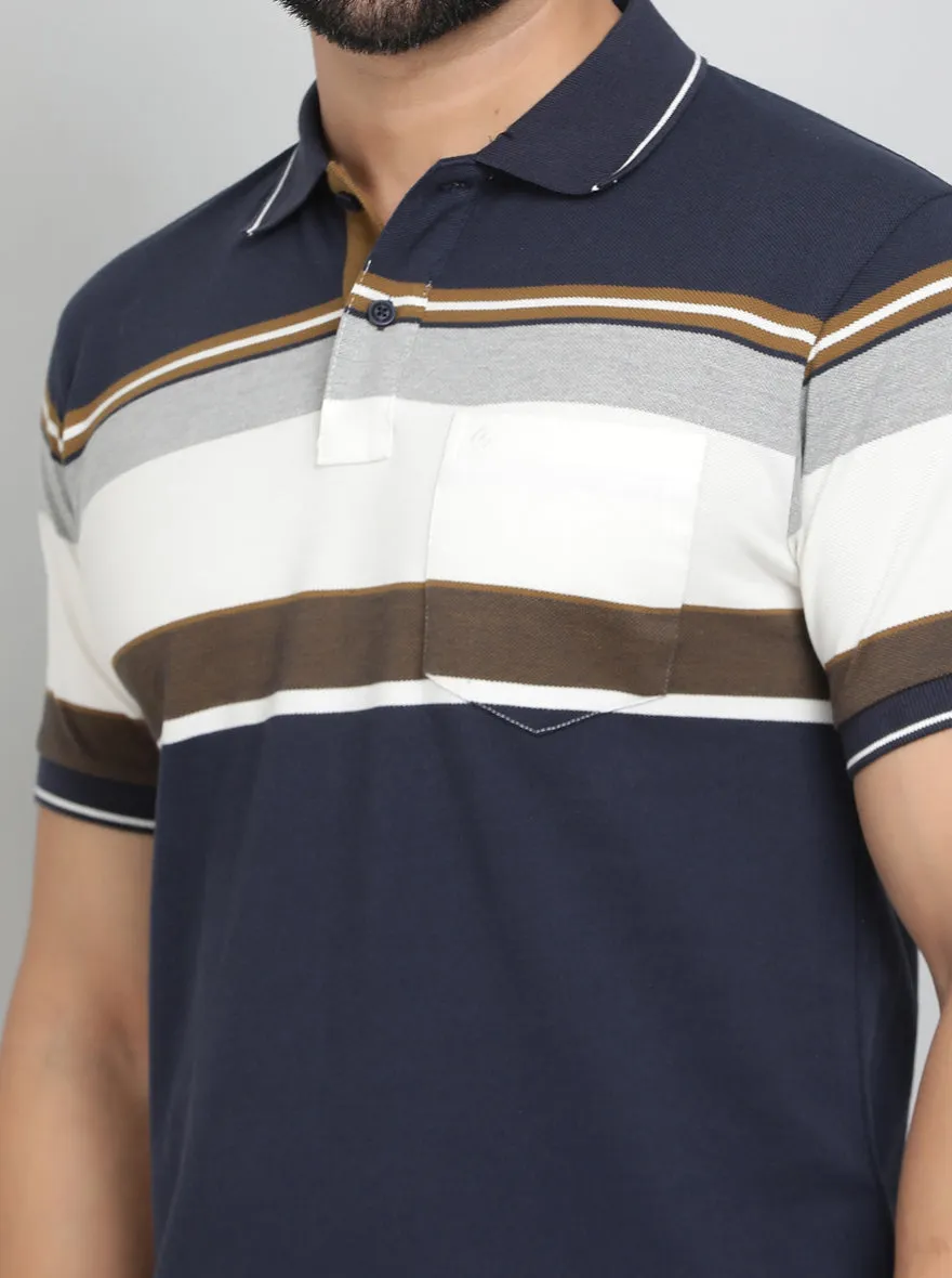 Navy Blue Striped Regular Fit Polo T-Shirt | Greenfibre