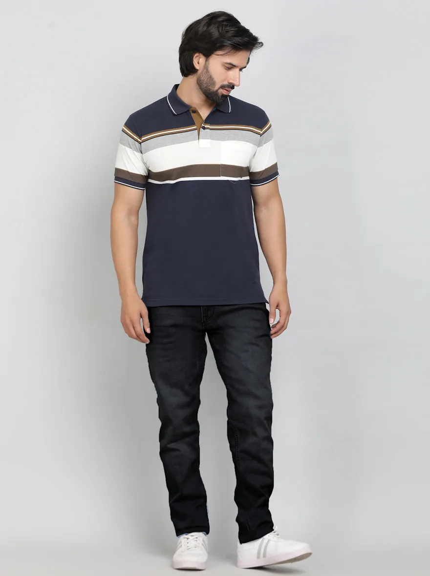 Navy Blue Striped Regular Fit Polo T-Shirt | Greenfibre