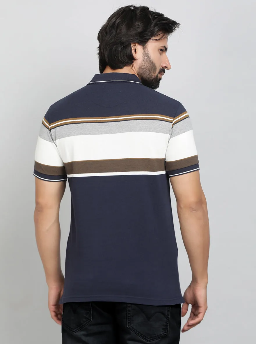 Navy Blue Striped Regular Fit Polo T-Shirt | Greenfibre