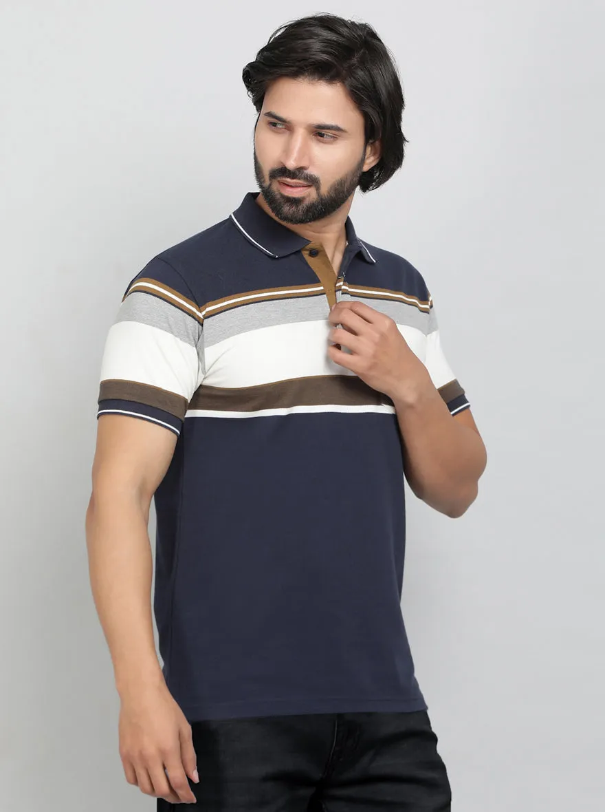 Navy Blue Striped Regular Fit Polo T-Shirt | Greenfibre