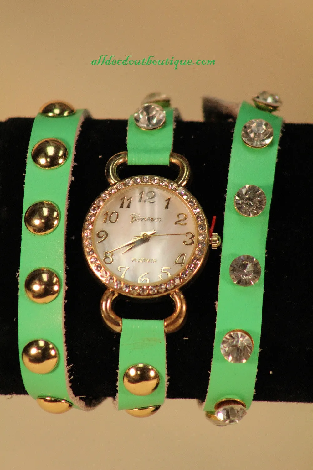 Neon Green/White Silver Studs & Clear Rhinestones | Leather Band w/ Button Clasp