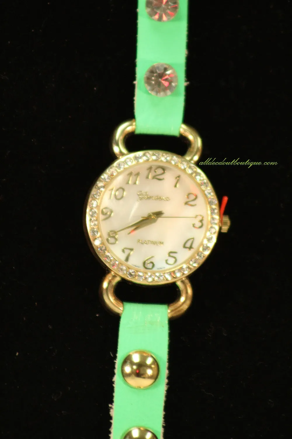 Neon Green/White Silver Studs & Clear Rhinestones | Leather Band w/ Button Clasp