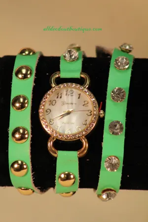 Neon Green/White Silver Studs & Clear Rhinestones | Leather Band w/ Button Clasp