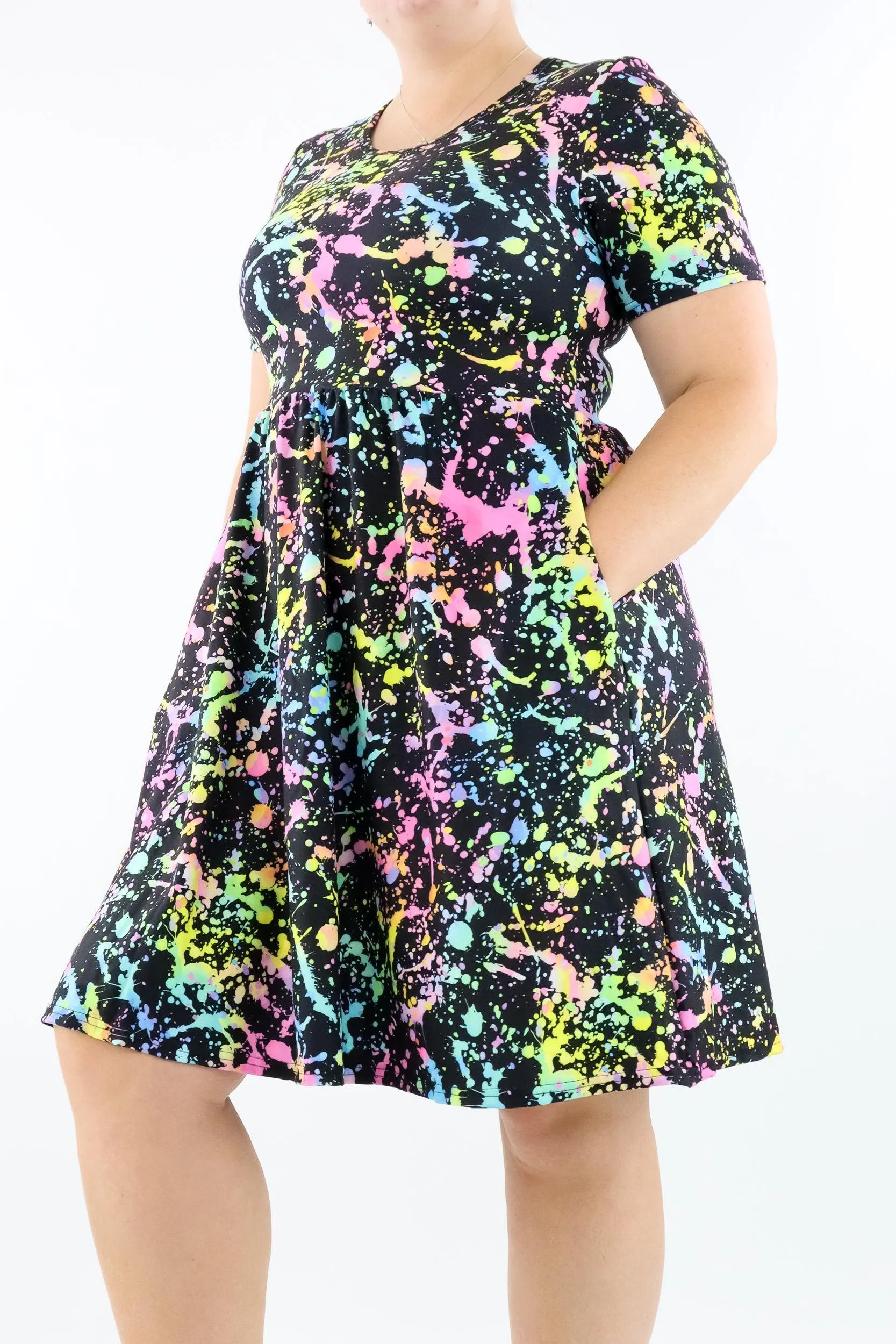 Neon Splash - Short Sleeve Skater Dress - Knee Length - Side Pockets
