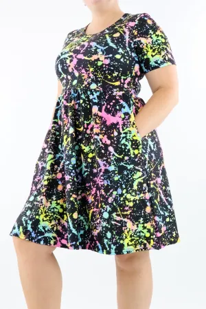 Neon Splash - Short Sleeve Skater Dress - Knee Length - Side Pockets