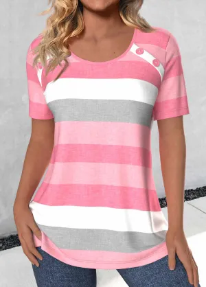 New Light Pink Button Striped Short Sleeve T Shirt Sz M Retails $46 