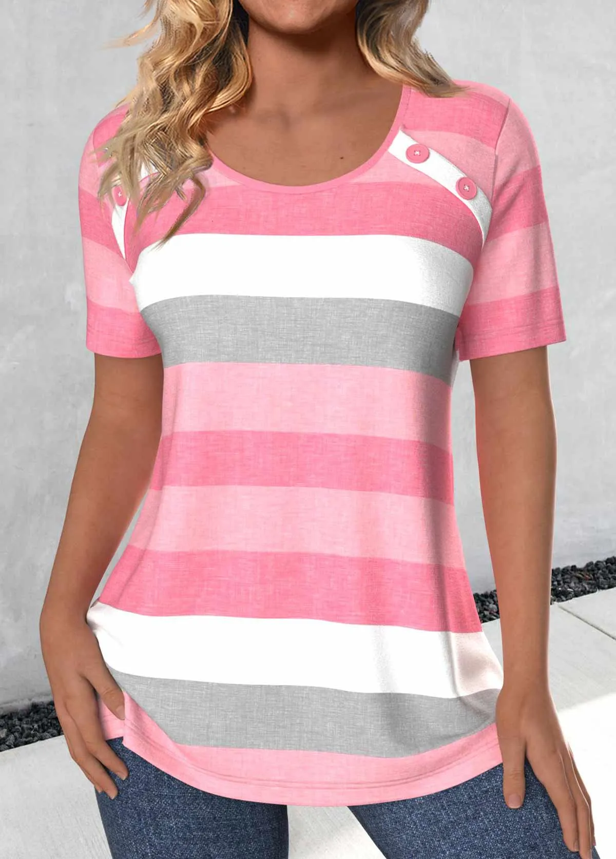 New Light Pink Button Striped Short Sleeve T Shirt Sz M Retails $46 