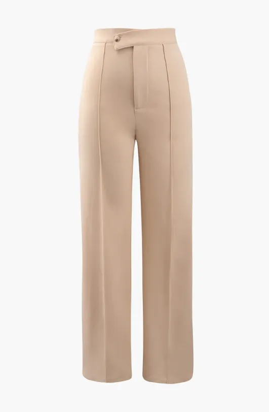 NEW Micas High Waisted Pressed-Crease Straight Leg Tailored Pants, Beige, Sz M