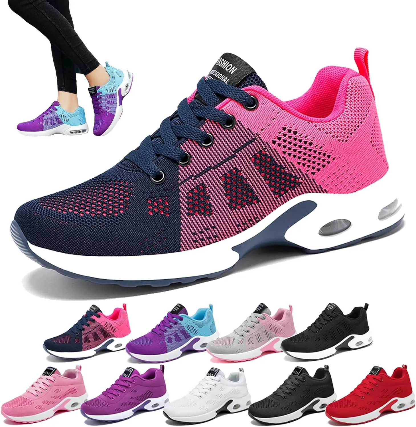 New Musabela Orthopedic Sneakers for Girls/Women,Slip-On Air Cushion Breathe Mesh Running Walking Shoes, Pink Sz 9
