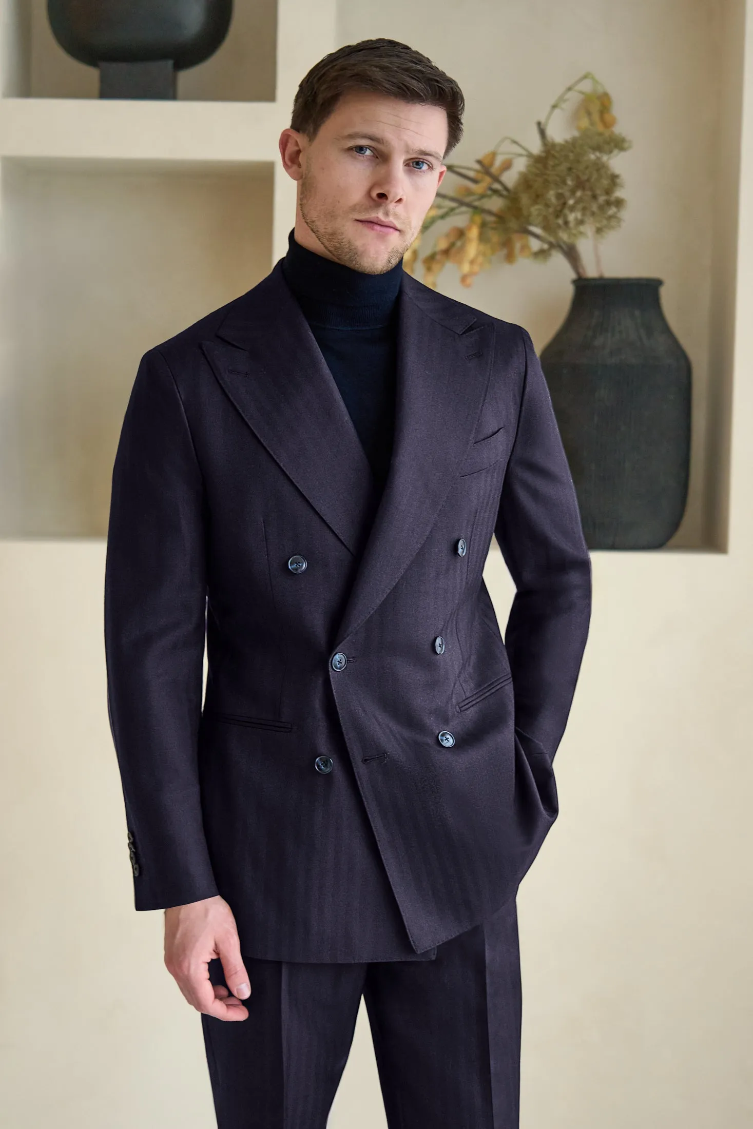 New SUITREVIEW Elmhurst Navy Herringbone Pure Wool Super 120s Suit - All Sizes Made To Order