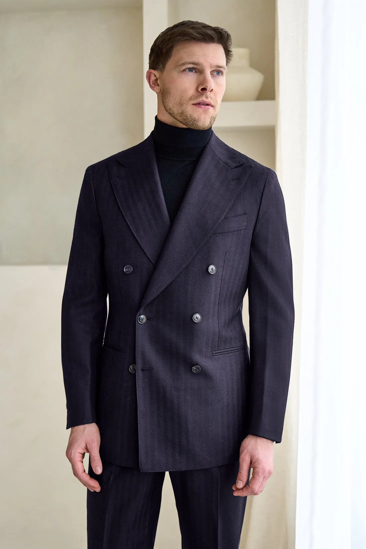 New SUITREVIEW Elmhurst Navy Herringbone Pure Wool Super 120s Suit - All Sizes Made To Order