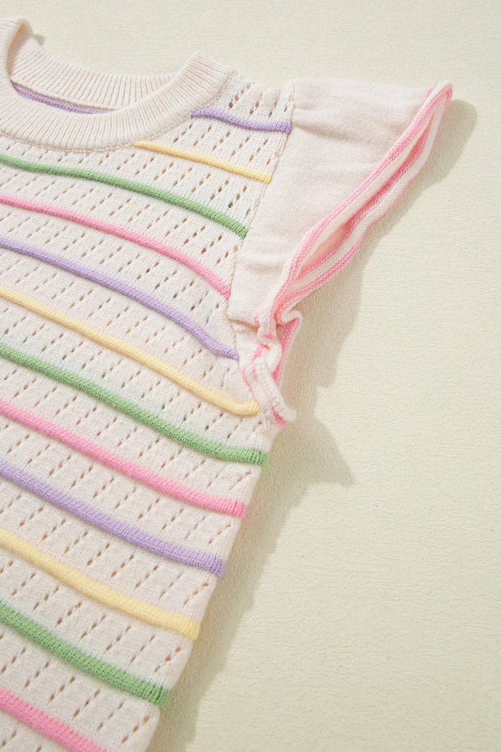 Oatmeal Colorful Striped Eyelet Knit Ruffled Sleeve Sweater T Shirt