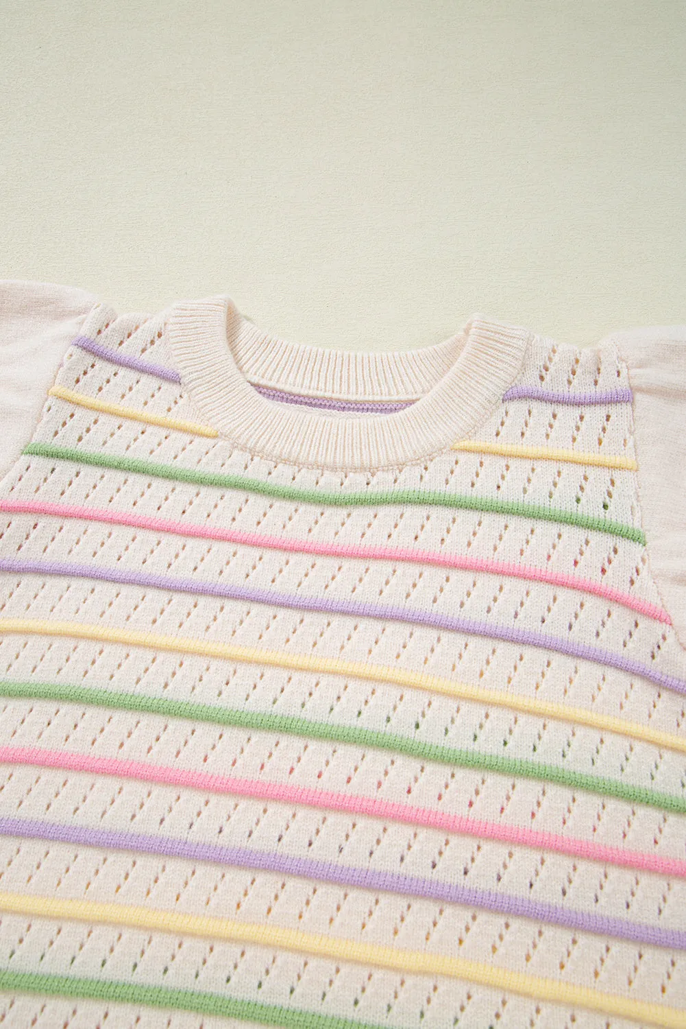 Oatmeal Colorful Striped Eyelet Knit Ruffled Sleeve Sweater T Shirt