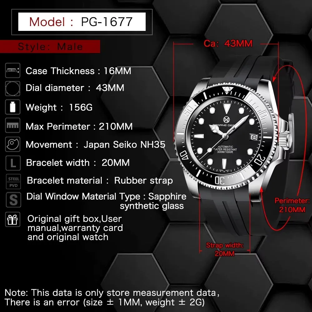 PAGRNE DESIGN New Men'S Automatic Watch 300M Waterproof Top Brand Sapphire Glass Stainless Steel Mechanical Watches Reloj Hombre