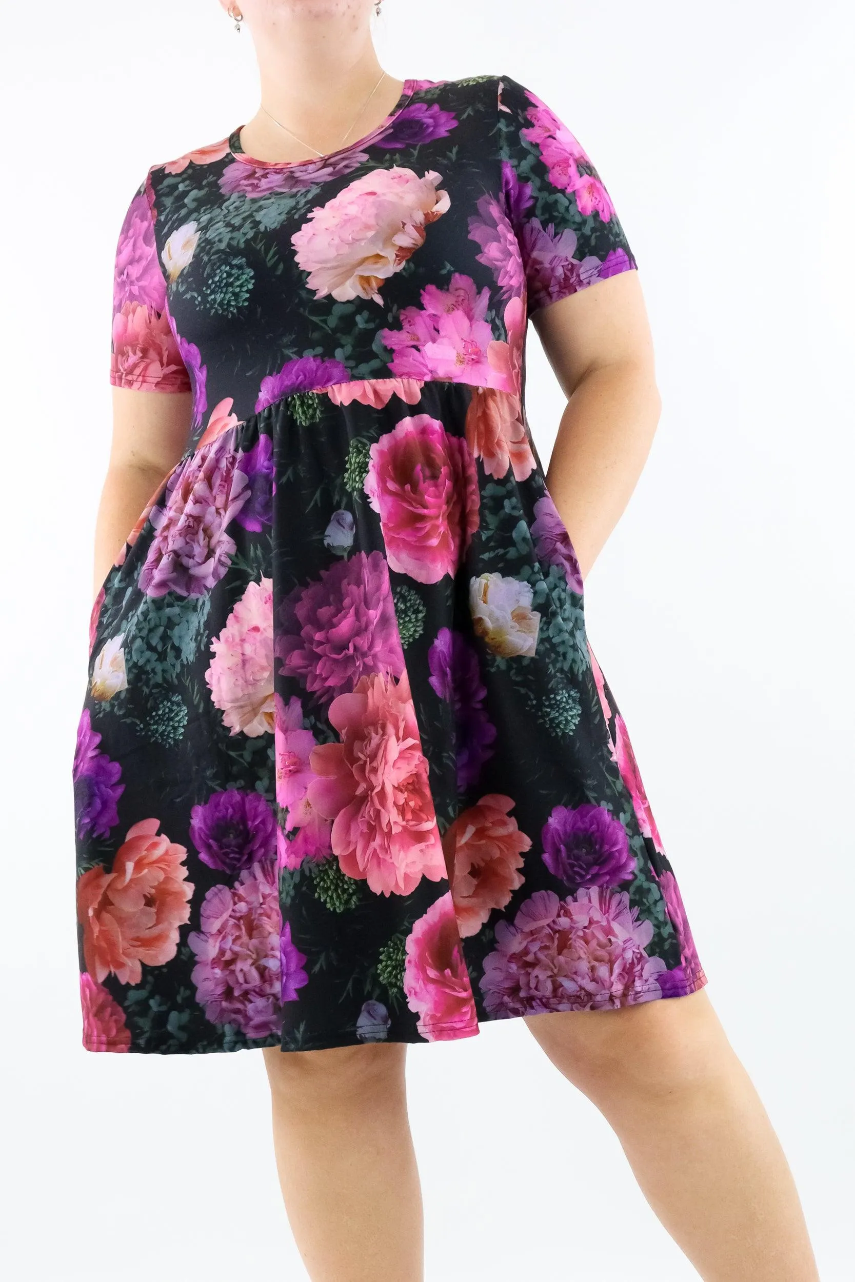 Peony Passion - Short Sleeve Skater Dress - Knee Length - Side Pockets