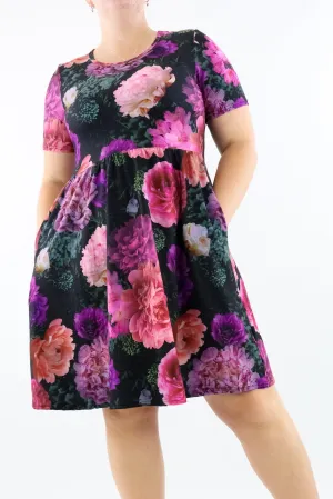 Peony Passion - Short Sleeve Skater Dress - Knee Length - Side Pockets