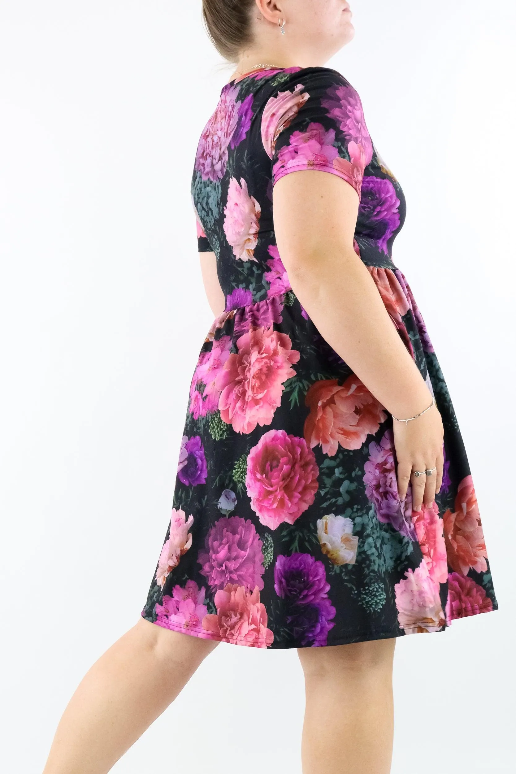 Peony Passion - Short Sleeve Skater Dress - Knee Length - Side Pockets