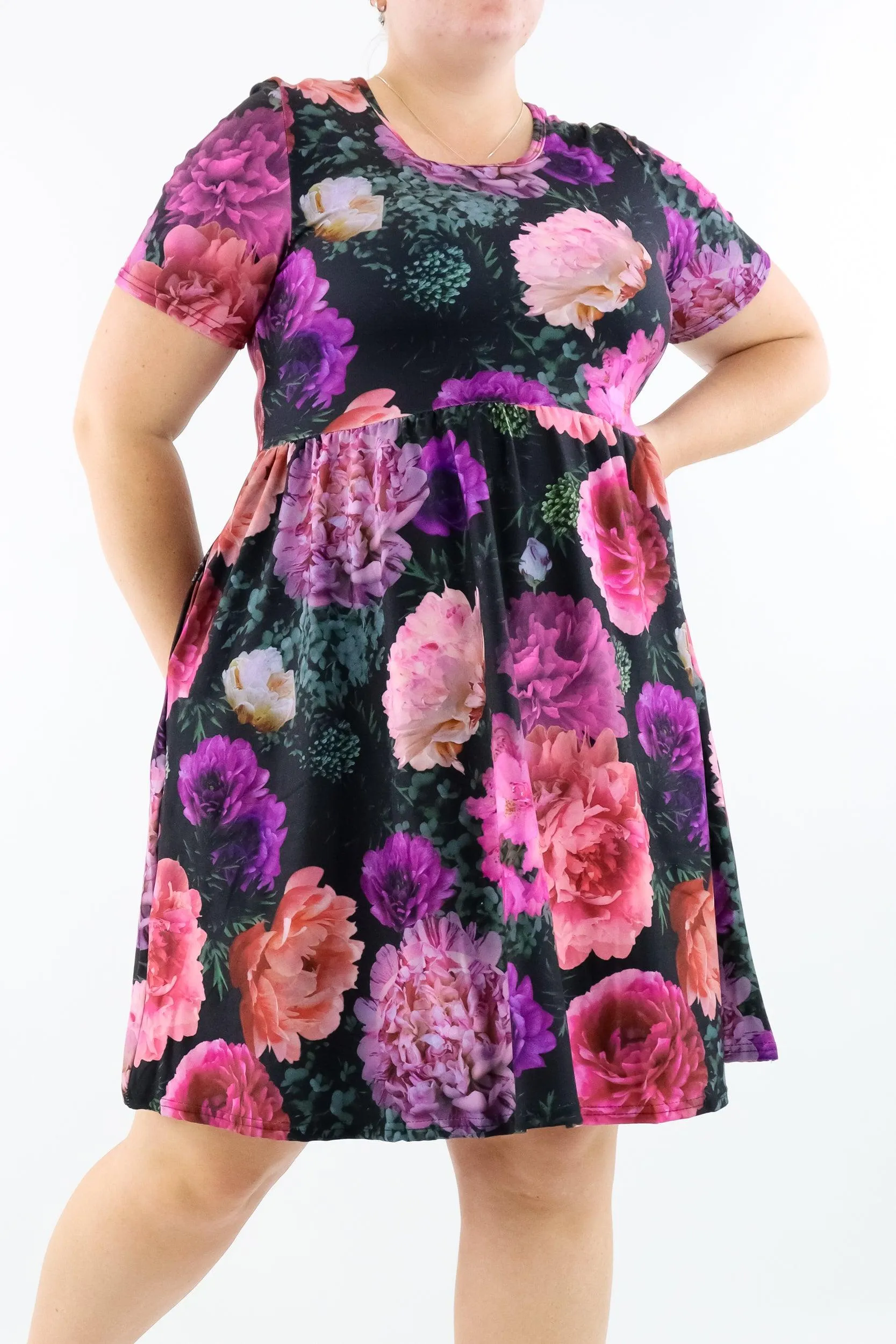 Peony Passion - Short Sleeve Skater Dress - Knee Length - Side Pockets