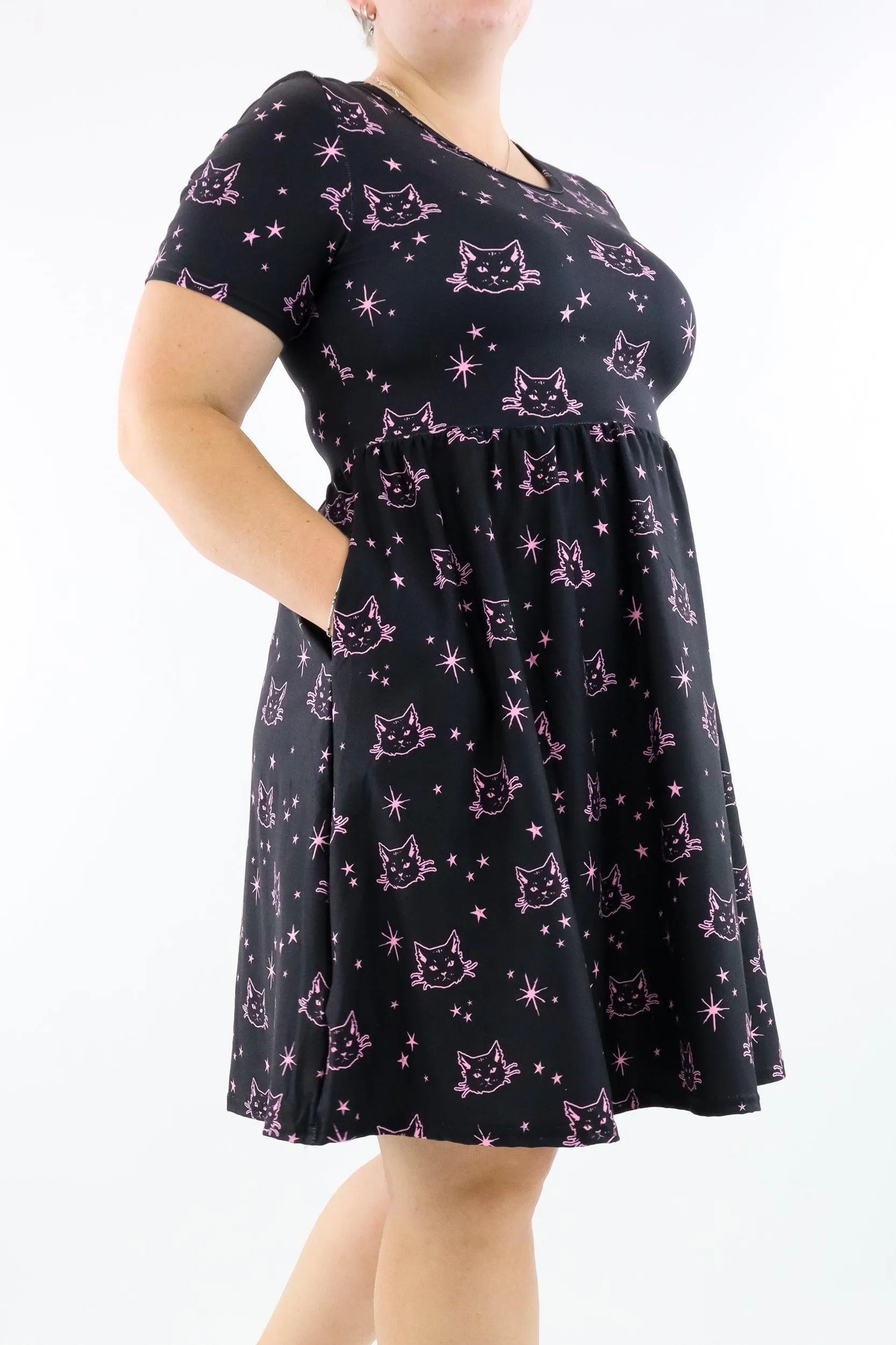 Pink Cat - Short Sleeve Skater Dress - Knee Length - Side Pockets