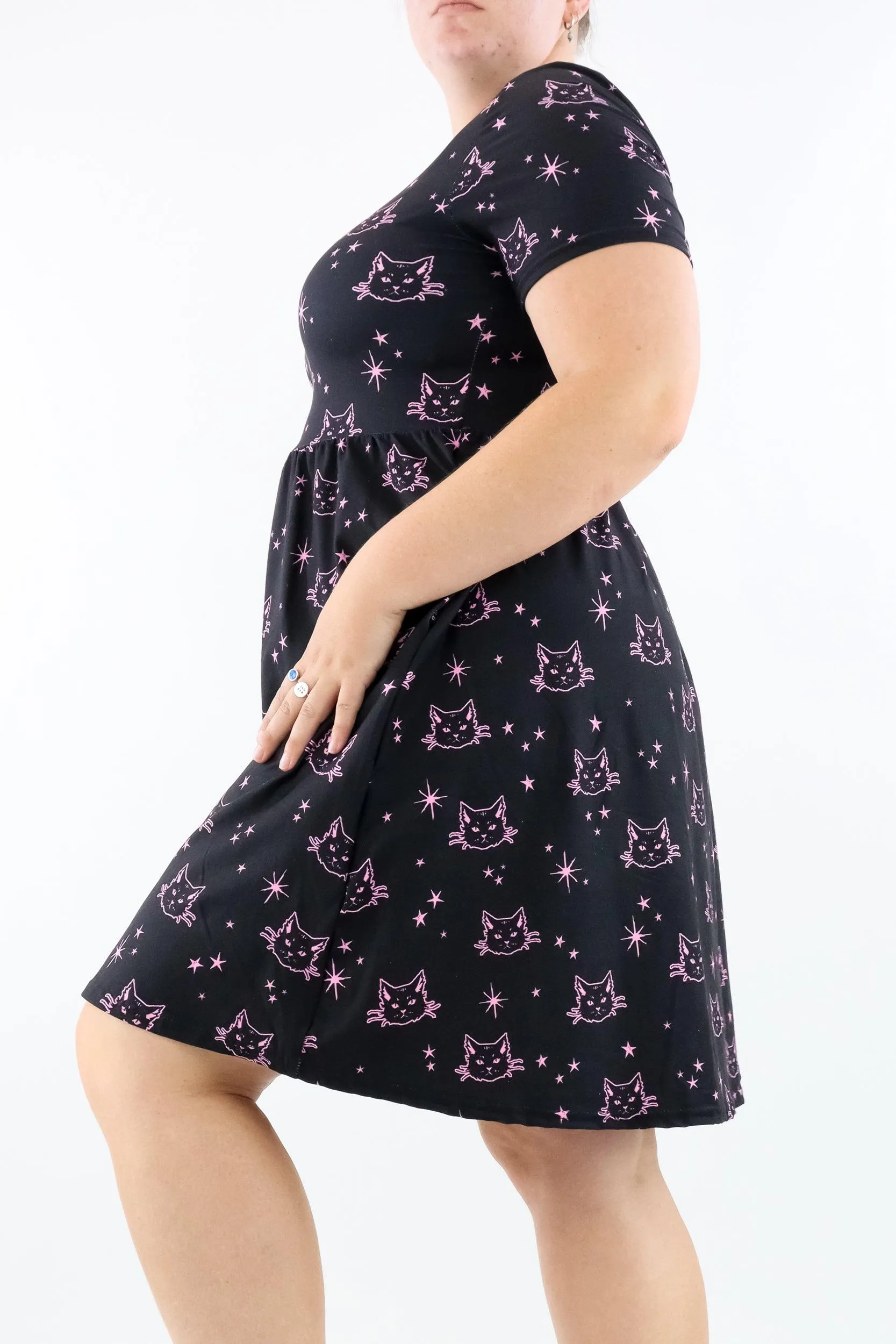 Pink Cat - Short Sleeve Skater Dress - Knee Length - Side Pockets