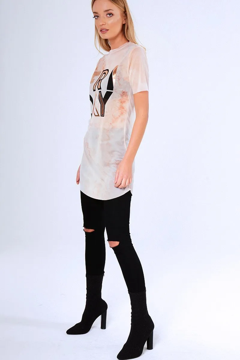 Pink Tie Dye Sheer Mesh 'Friday' Slogan T-Shirt Dress - Flynn