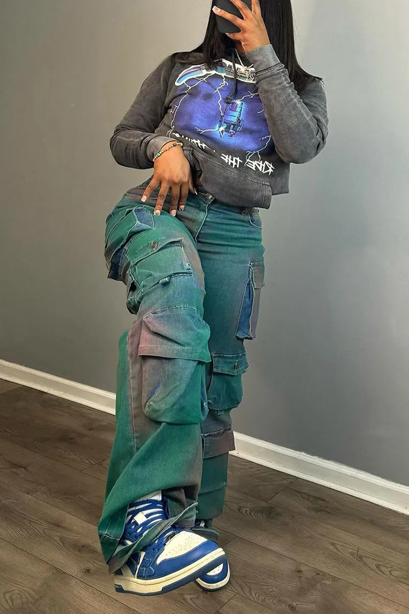PK0450 Tie Dye Denim Cargo Jeans