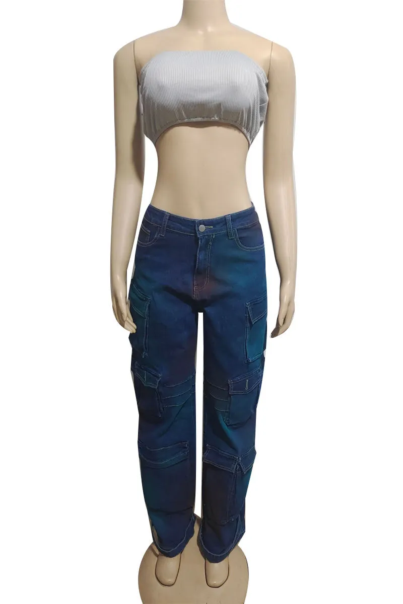PK0450 Tie Dye Denim Cargo Jeans