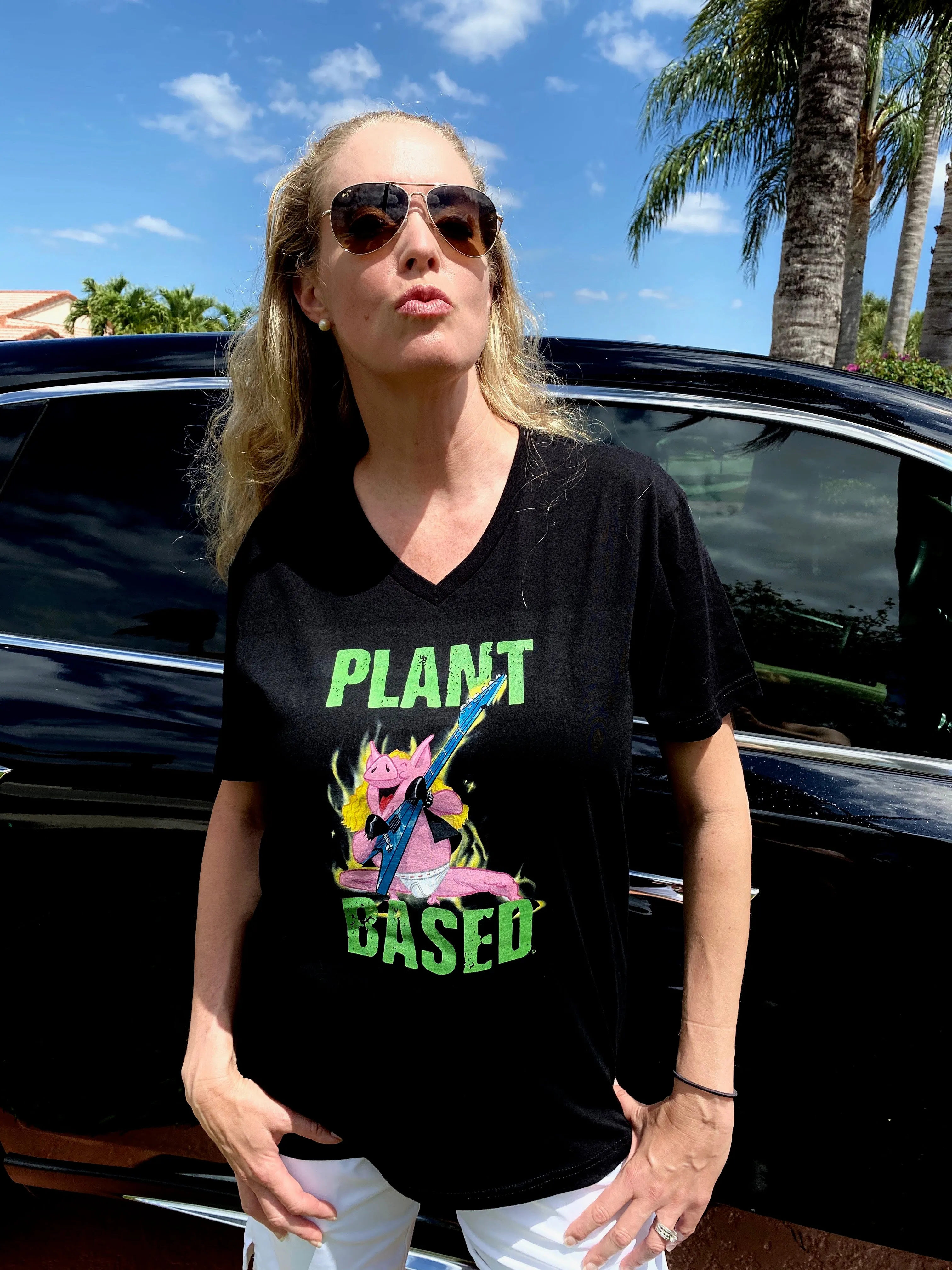 Plant Based Pig Rocker Short Sleeve V Neck Unisex T-Shirt | 100% Cotton | Straight typed