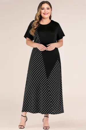 Plus Size Striped Color Block T-Shirt Maxi Dress