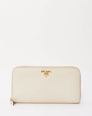 Prada White Pebbled Leather Long Zip Around Wallet