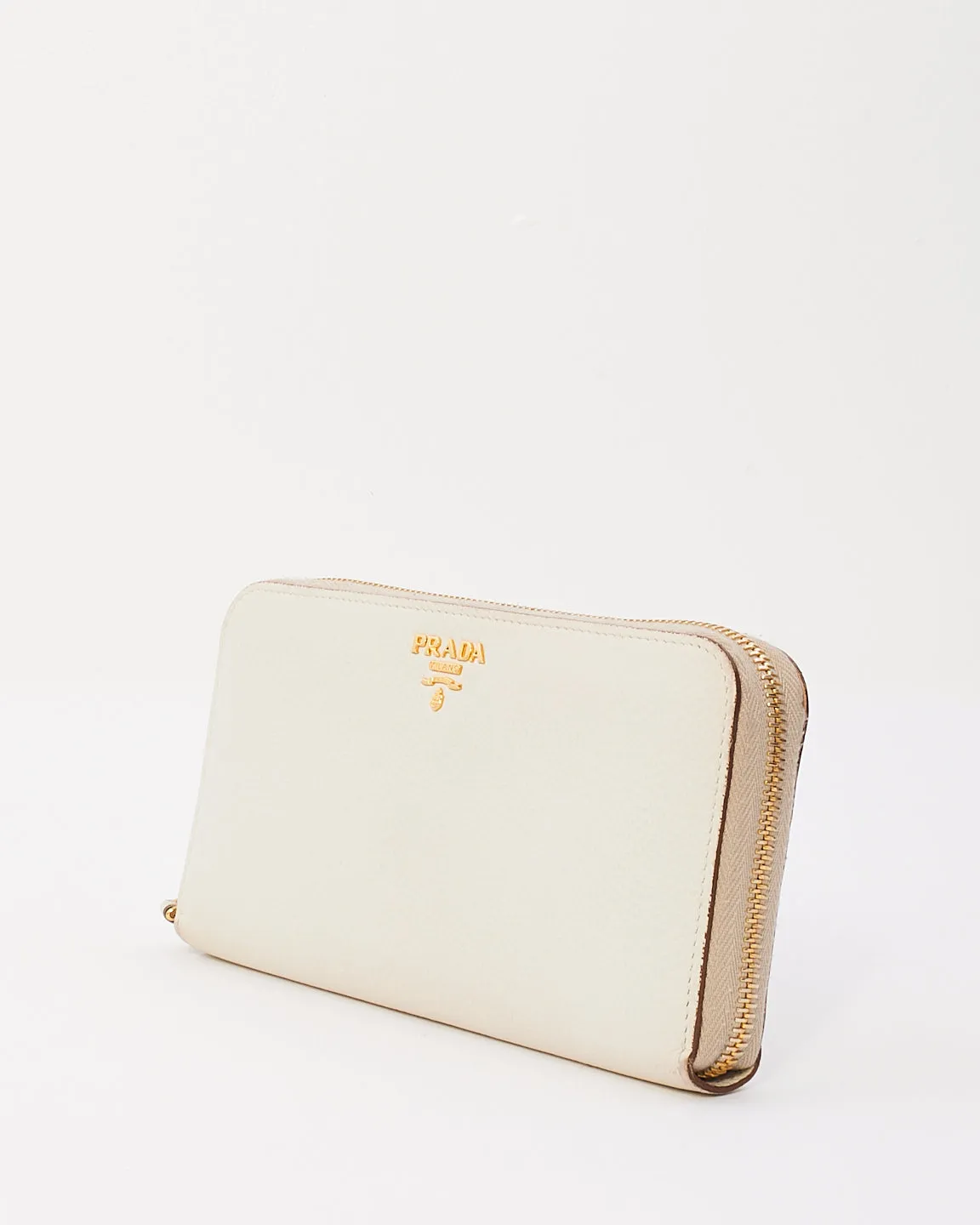 Prada White Pebbled Leather Long Zip Around Wallet