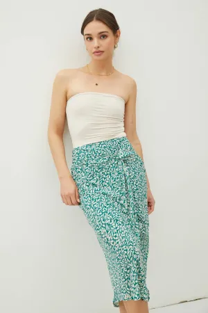 PRINT DRAPED SIDE KNOT MIDI SKIRT