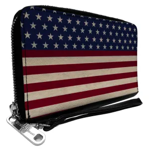 PU Zip Around Wallet Rectangle - American Flag Stripe