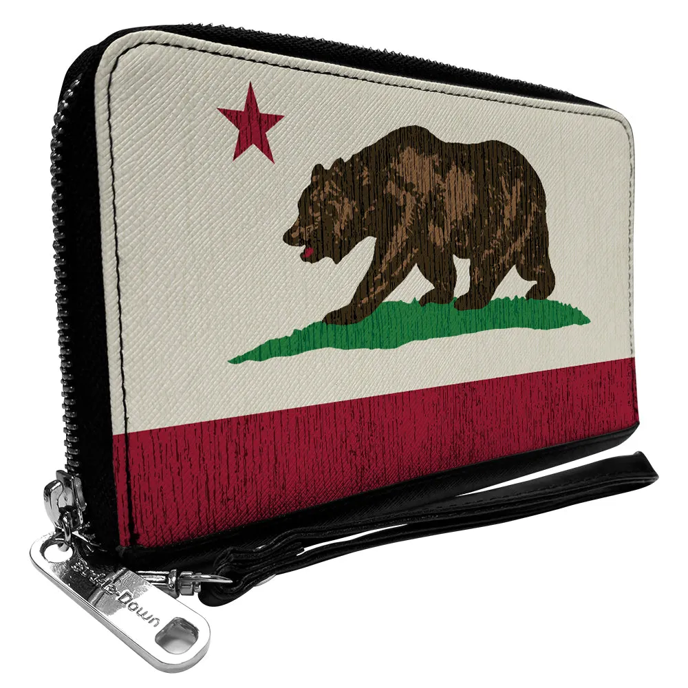 PU Zip Around Wallet Rectangle - California Flag Bear Weathered White
