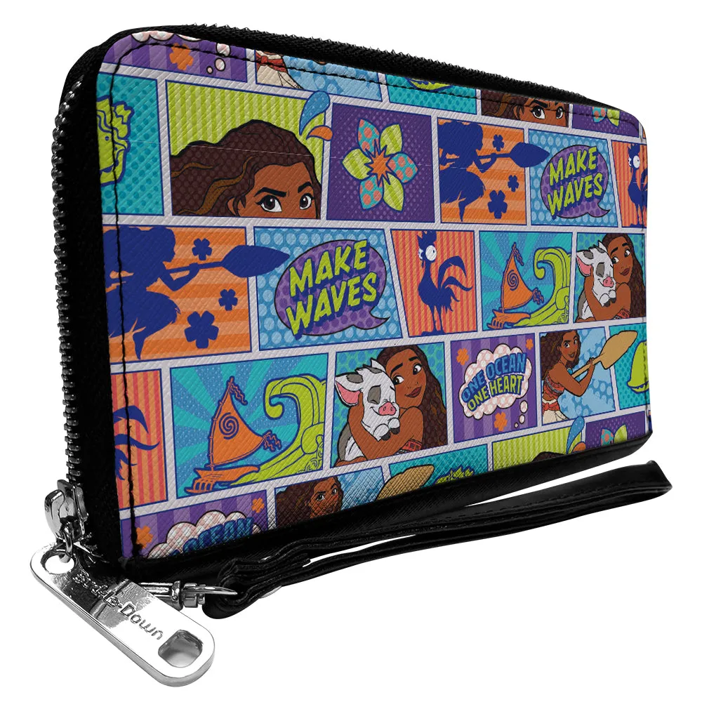 PU Zip Around Wallet Rectangle - Moana MAKE WAVES Scene Blocks Blues